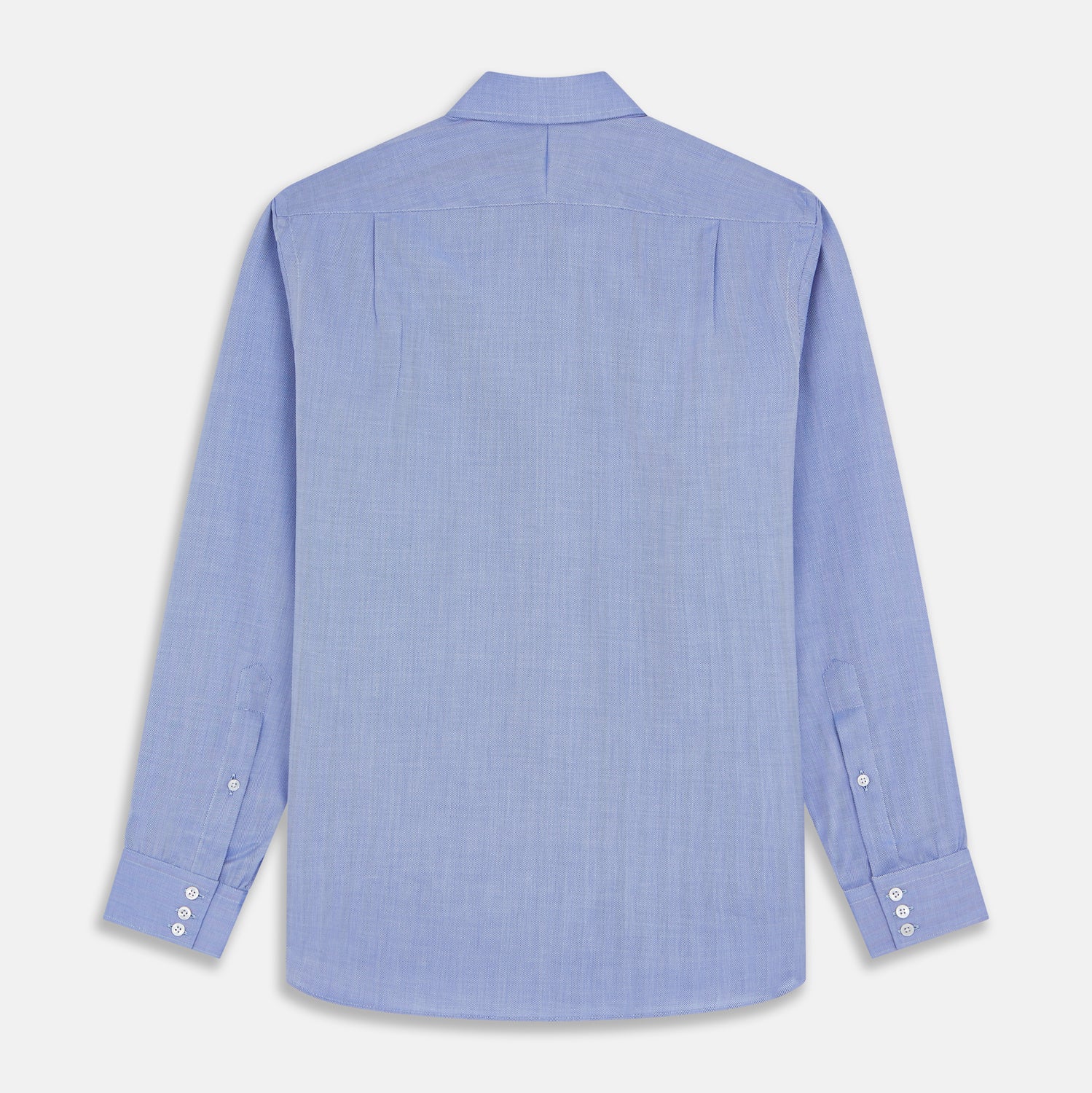 View 4 of product Turnbull & Asser's Blue Herringbone Tailored Fit Shirt with a Kent collar and white buttons is shown laid flat on a white background.