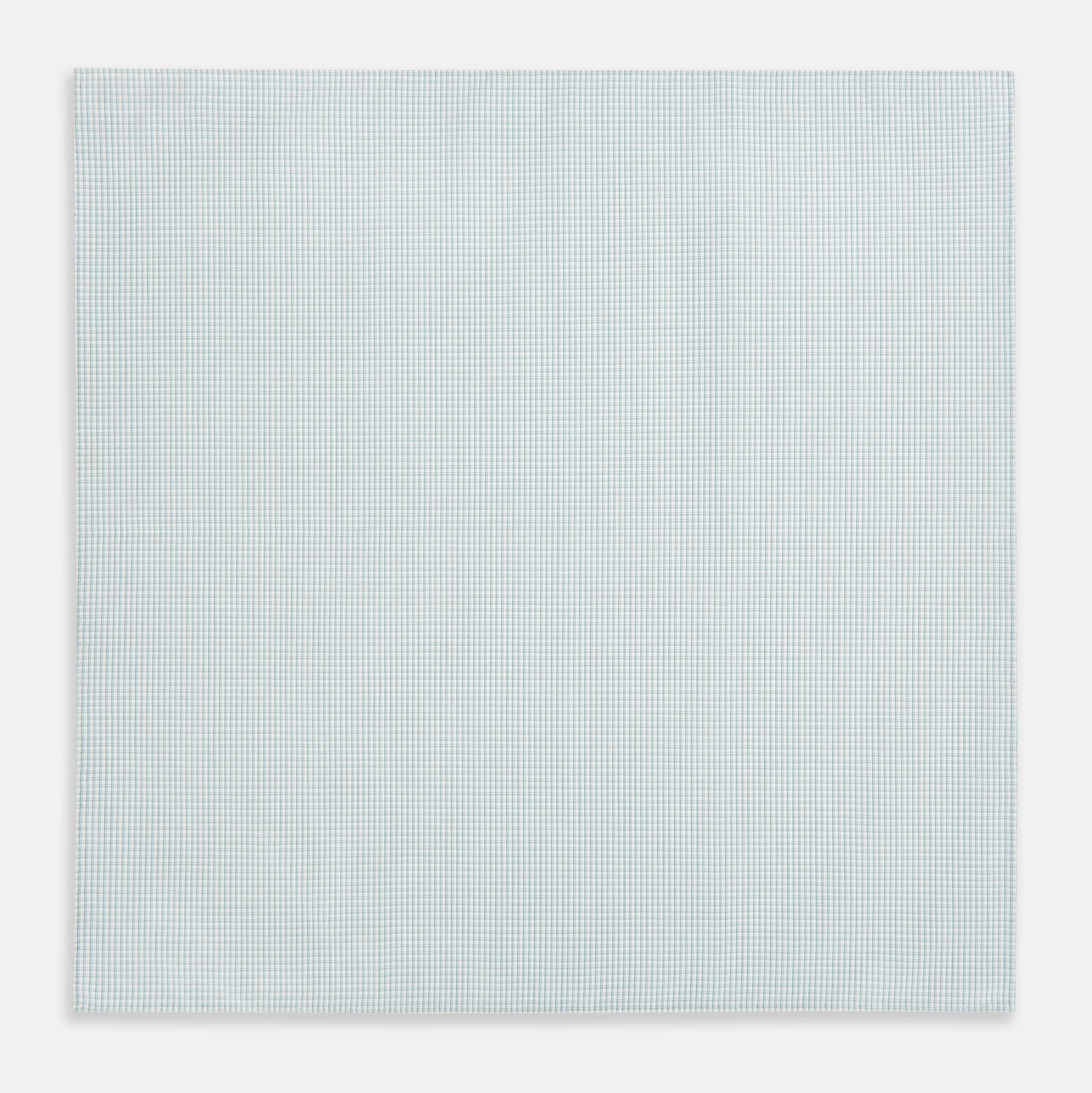View 3 of product The Turnbull & Asser Sage Green Shadow Grid Check Hand-Rolled Handkerchief features a grid of small squares and hand-rolled edges, shown neatly folded on a white background.