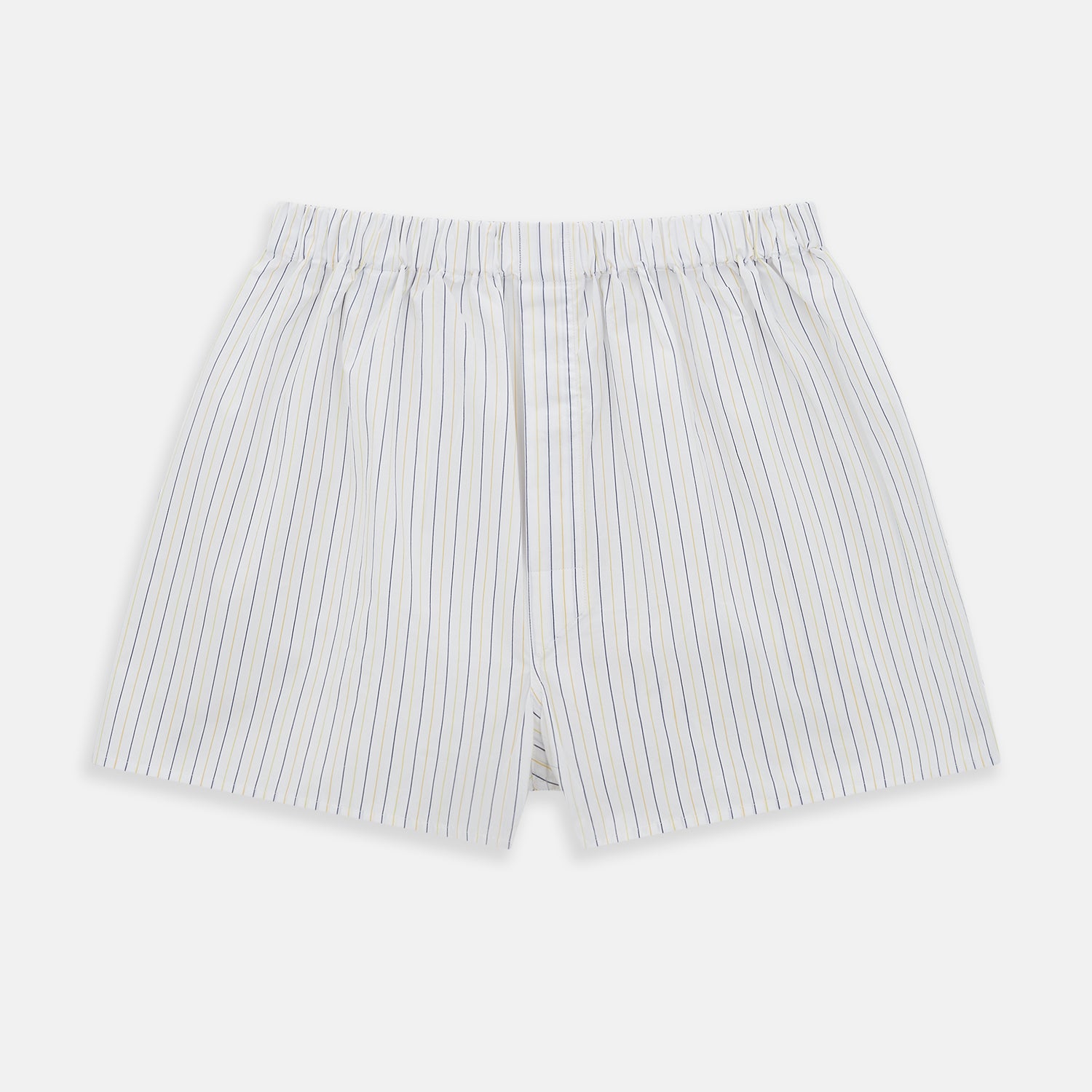 View 1 of product The Turnbull & Asser Yellow And Blue Stripe Godfrey Boxer Shorts feature vertical yellow and blue stripes, made from premium Italian cotton with an elastic waistband and relaxed fit, shown flat on a plain white background.