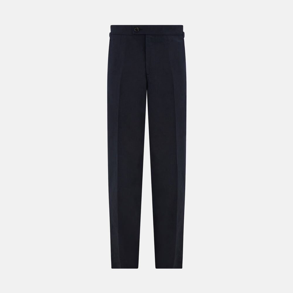 Turnbull & Asser Navy Linen Henry Trousers feature a button closure and pressed front creases, ideal as formal navy trousers, and are shown against a plain white background.
