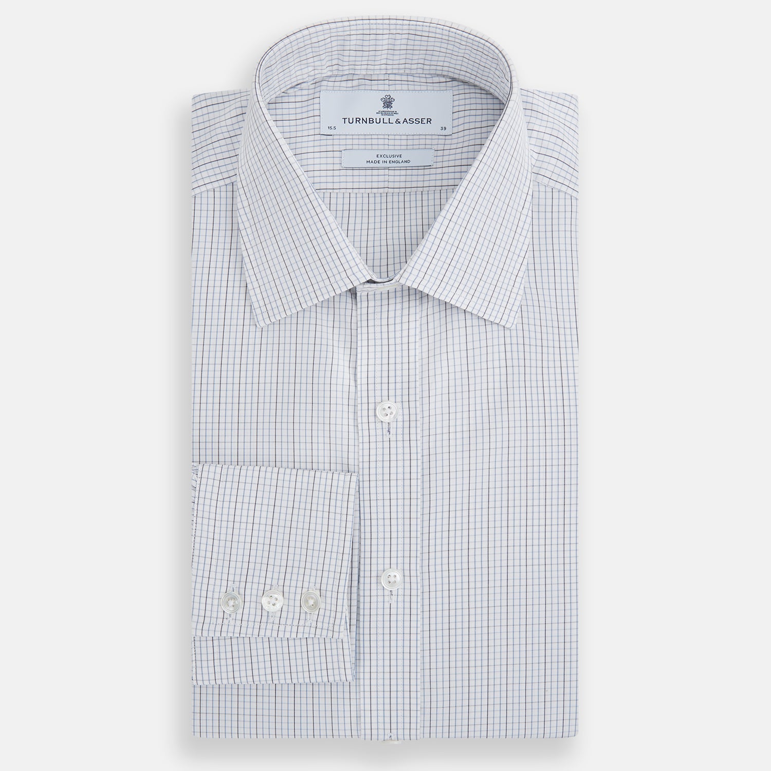 View 5 of product The Turnbull & Asser Pale Blue and Grey Grid Check Mayfair Shirt features long sleeves, a pointed collar, and buttoned cuffs. Crafted from Italian cotton, it displays a subtle grid pattern on a plain white background.