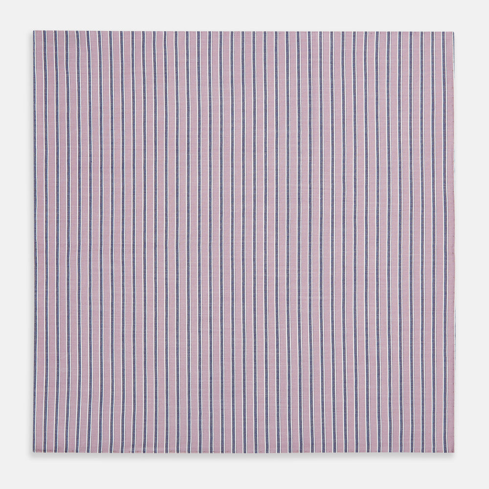 The Antique Pink Ticking Stripe Hand-Rolled Handkerchief by Turnbull & Asser features vertical stripes in antique pink, white, and navy blue, shown flat against a white background.