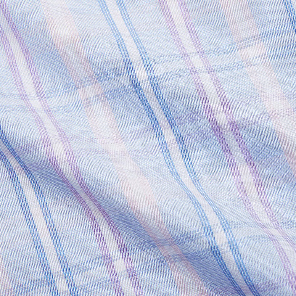 The Turnbull & Asser Pink and Light Blue Check Cotton Regular Fit Mayfair Shirt features long sleeves, buttoned cuffs, a T&A collar, and is shown laid flat on a white background.