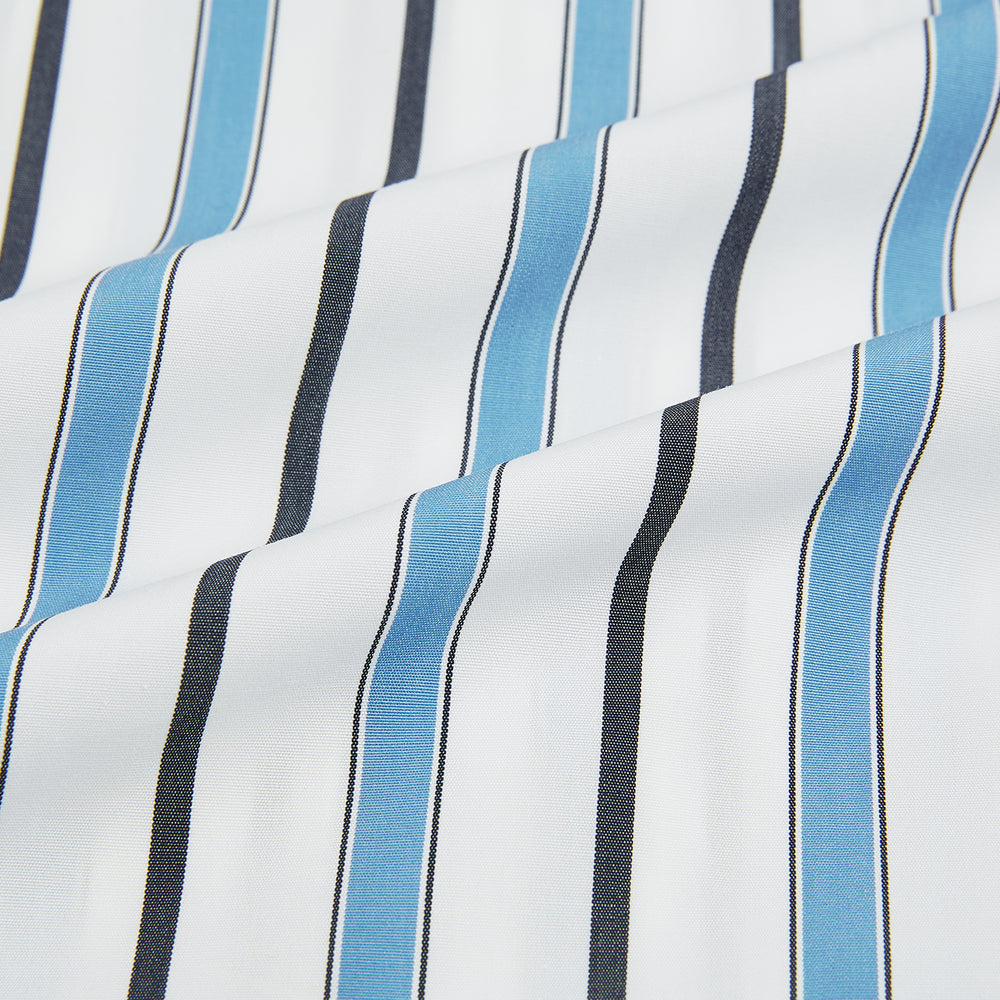 The Sky Blue Multi Candy Stripe Mayfair Shirt by Turnbull & Asser features vertical blue, black, and white stripes, a pointed collar, matching cuffs, and showcases signature British craftsmanship.