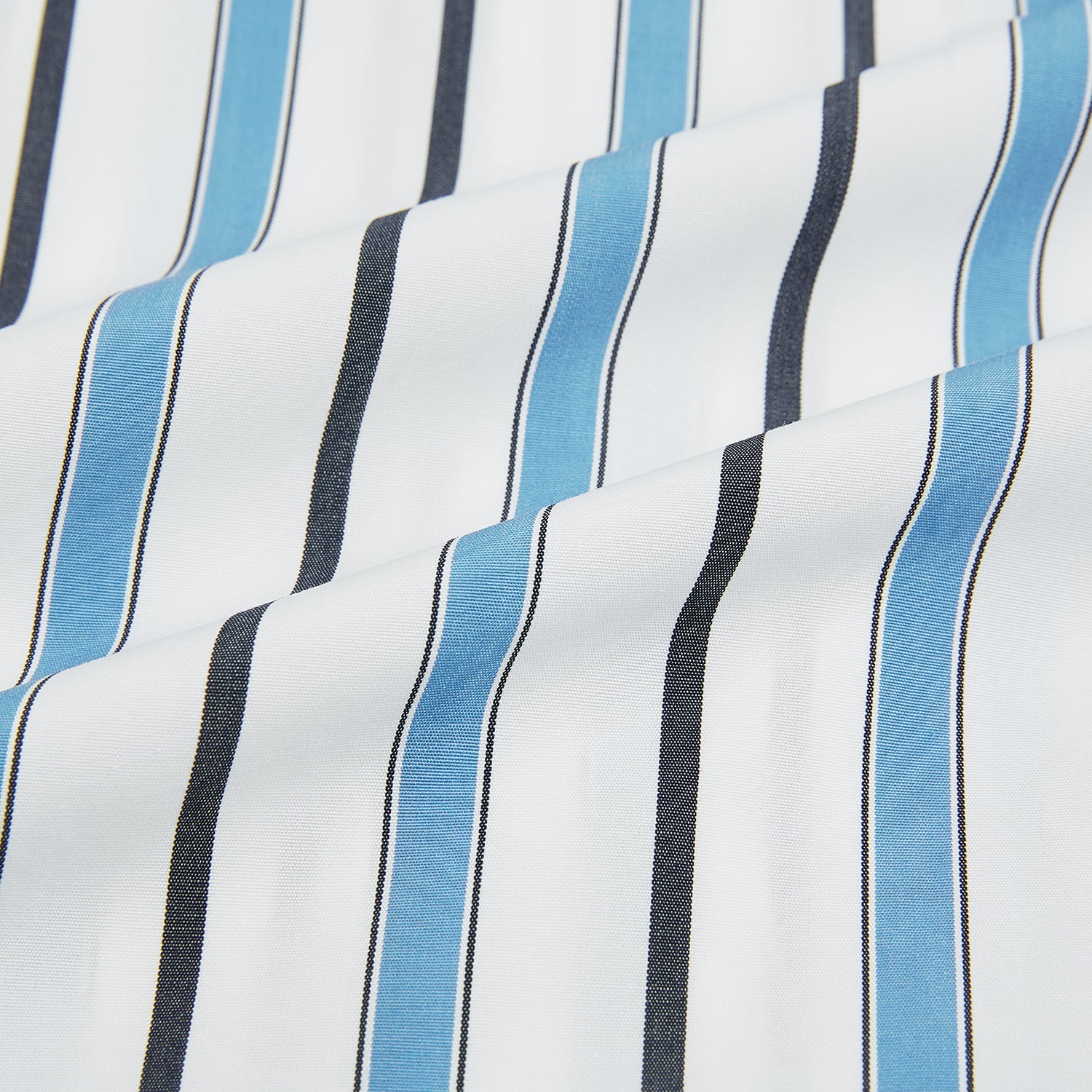View 6 of product The Sky Blue Multi Candy Stripe Mayfair Shirt by Turnbull & Asser features vertical blue, black, and white stripes, a pointed collar, matching cuffs, and showcases signature British craftsmanship.