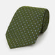 The Turnbull & Asser Green and Blue Micro Dot Silk Tie is shown rolled up, displaying small light blue dots on green silk against a plain white background.