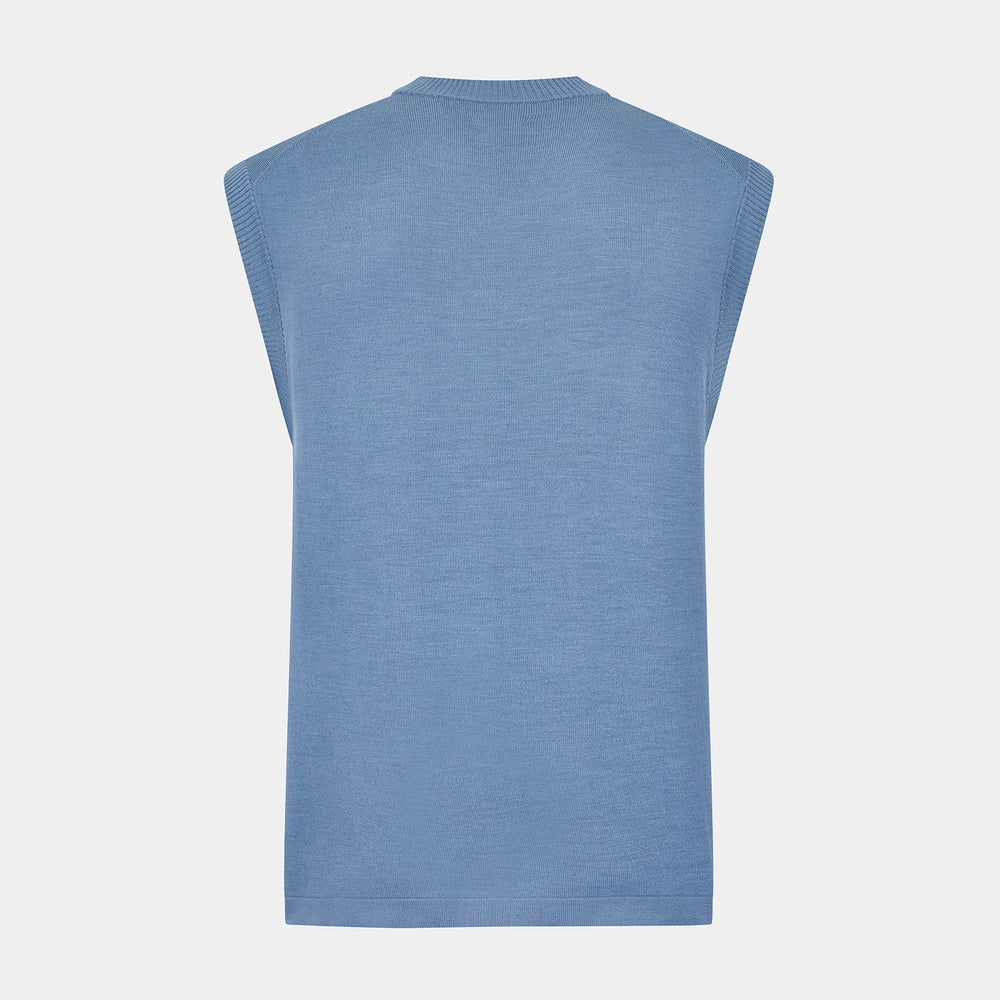 The Turnbull & Asser Pale Blue Fine Merino V-Neck Vest features a sleeveless design, knit texture, and classic V-neckline, shown against a plain white background.