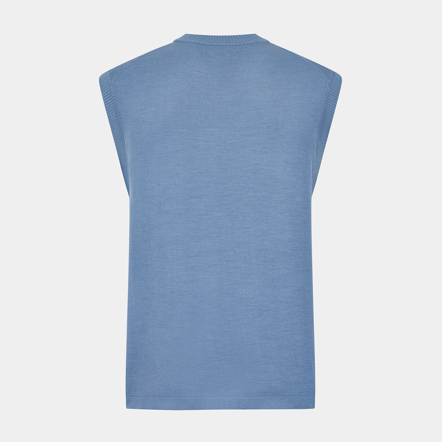 View 3 of product The Turnbull & Asser Pale Blue Fine Merino V-Neck Vest features a sleeveless design, knit texture, and classic V-neckline, shown against a plain white background.