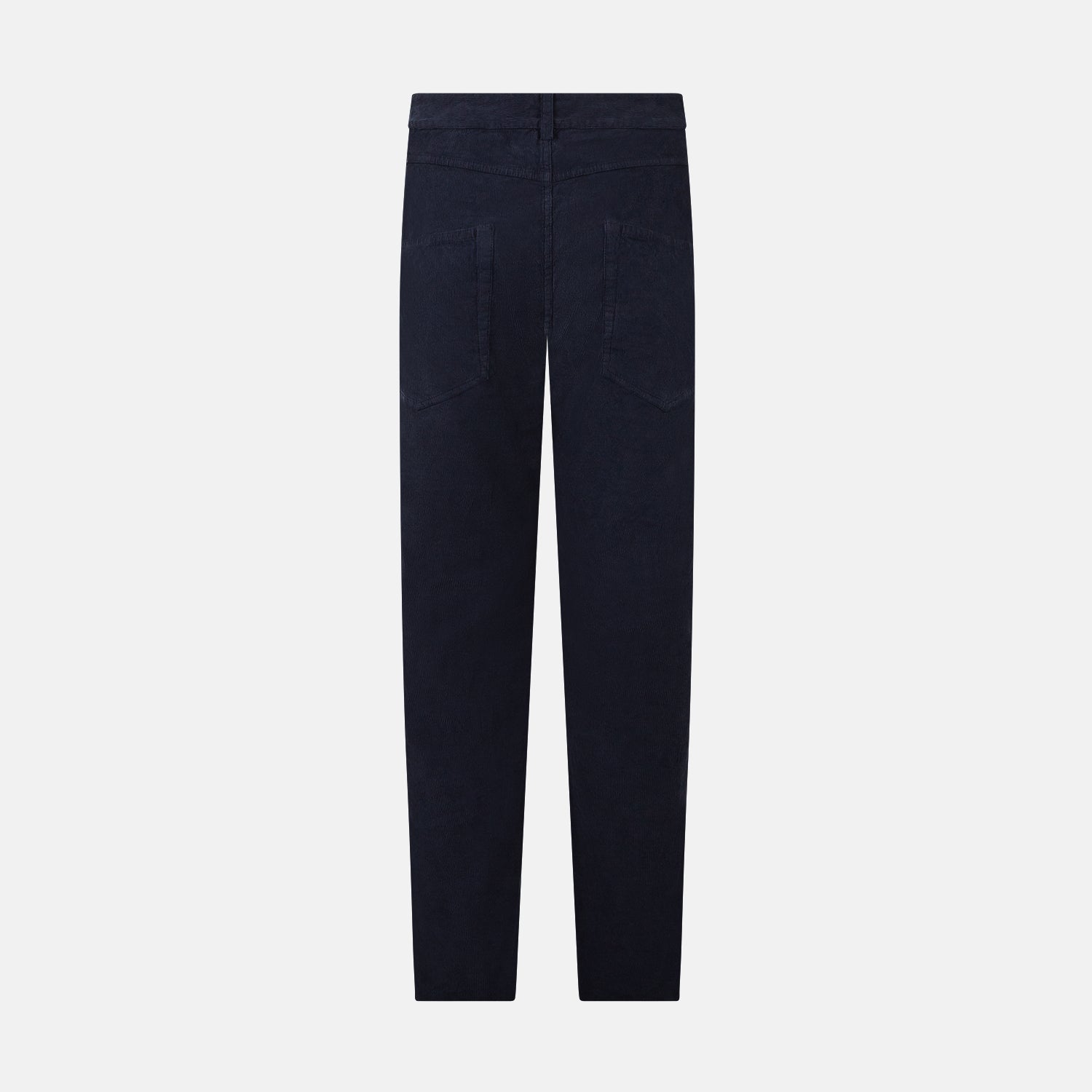 View 3 of product The Turnbull & Asser Light Navy Corduroy Charles Trousers feature a straight-leg fit, stretch cotton, belt loops, front pockets, and a button-zip closure—highlighting British tailoring against a white background.