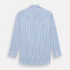 View 3 of product The Sky Blue Halo Stripe Mayfair Shirt by Turnbull & Asser, a long-sleeved button-up with thin blue and white vertical stripes, classic collar and cuffs, is shown laid flat on a white background.