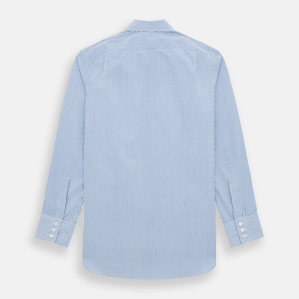 The Sky Blue Halo Stripe Mayfair Shirt by Turnbull & Asser, a long-sleeved button-up with thin blue and white vertical stripes, classic collar and cuffs, is shown laid flat on a white background.