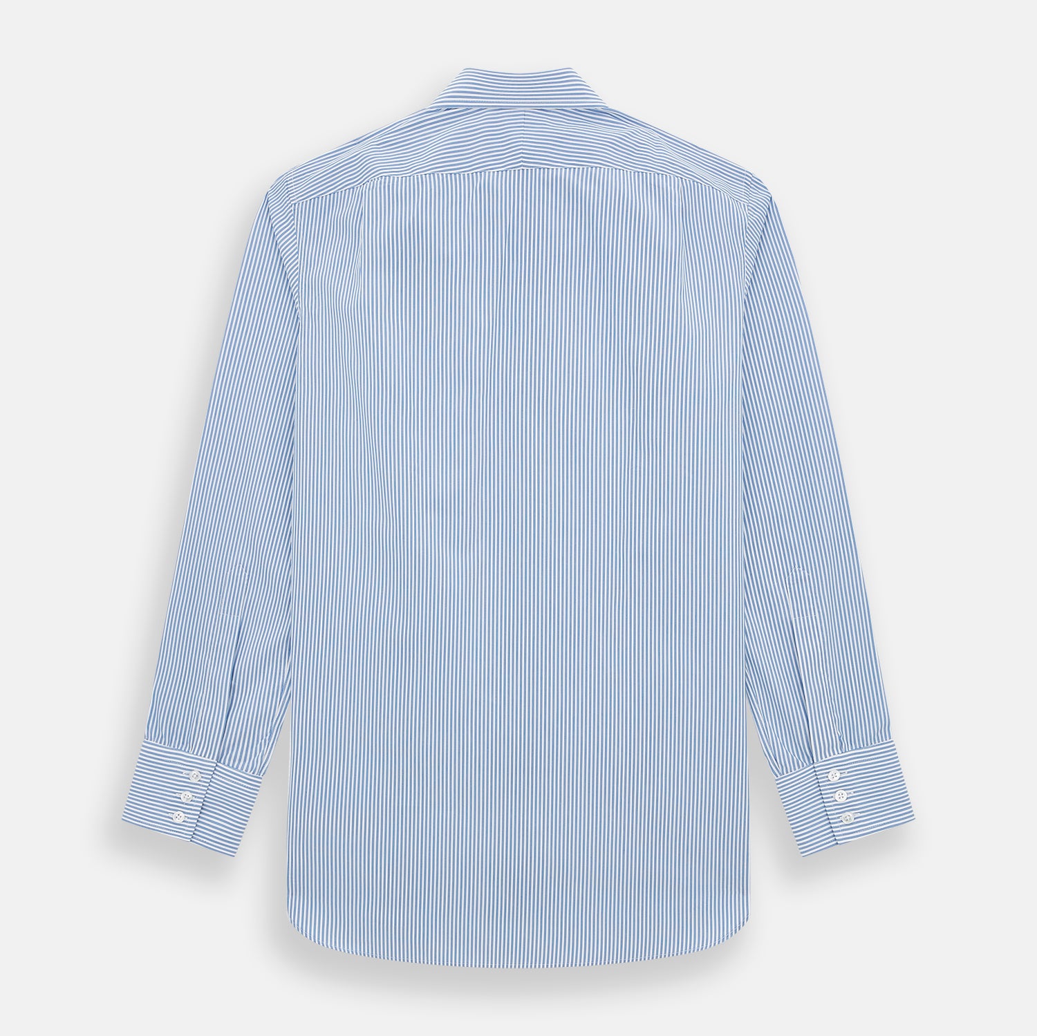 View 3 of product The Sky Blue Halo Stripe Mayfair Shirt by Turnbull & Asser, a long-sleeved button-up with thin blue and white vertical stripes, classic collar and cuffs, is shown laid flat on a white background.