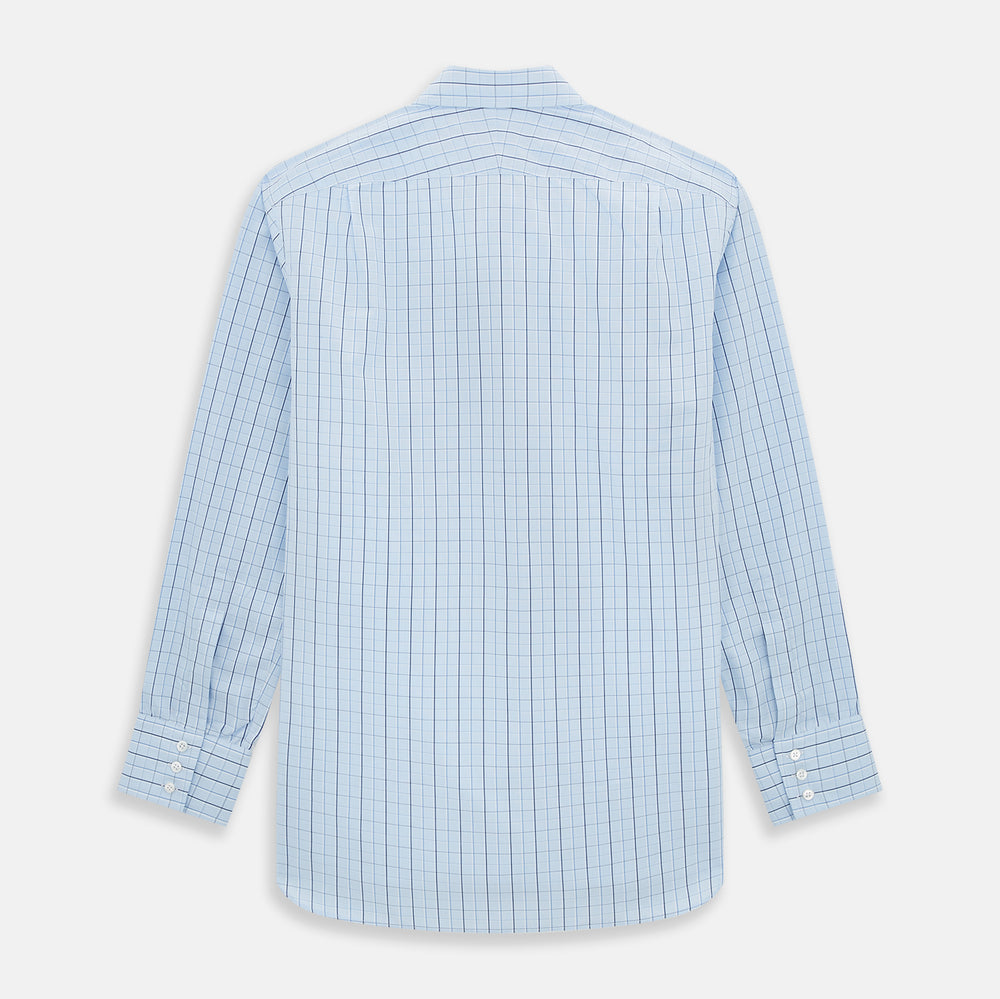 The Navy and Blue Combination Check Mayfair Shirt by Turnbull & Asser features a light blue base with a grid of thin dark blue lines, long sleeves, a pointed collar, and is neatly displayed on a plain white background.