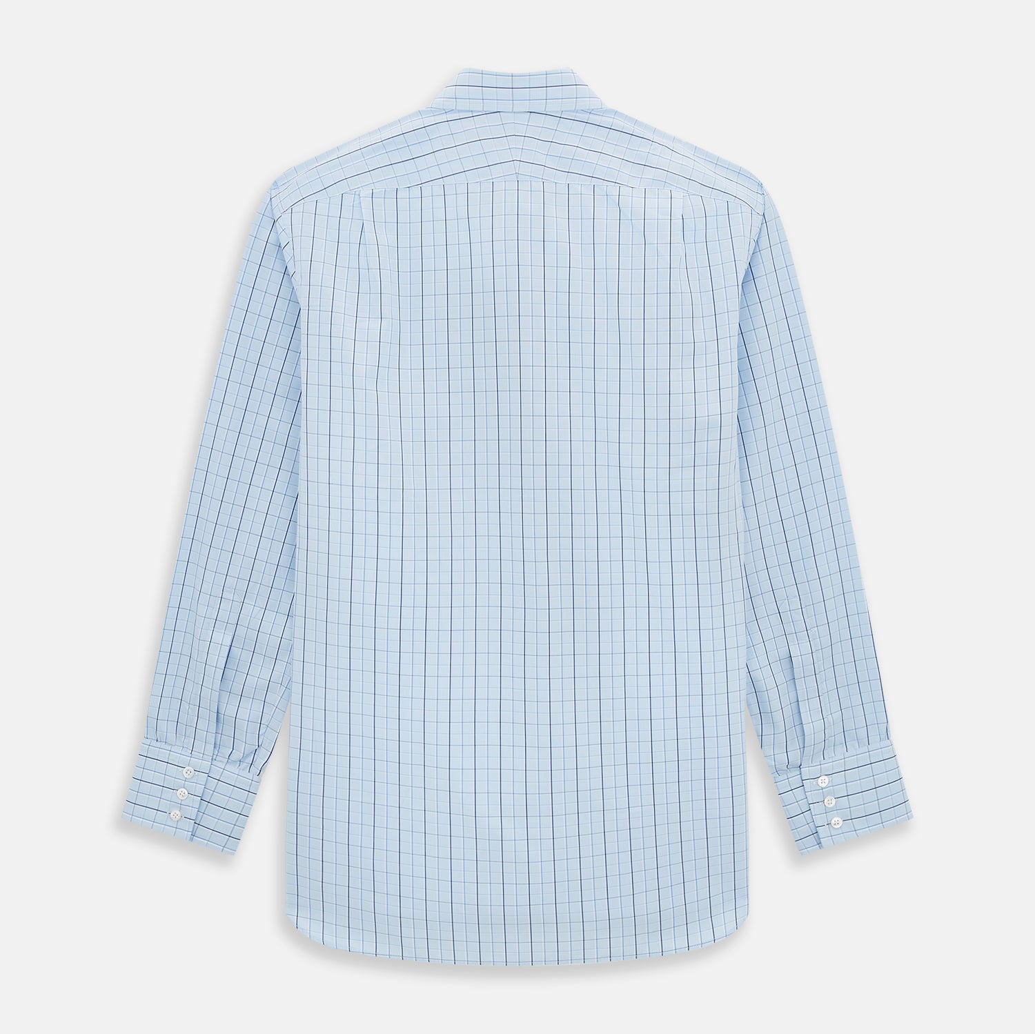 View 3 of product The Navy and Blue Combination Check Mayfair Shirt by Turnbull & Asser features a light blue base with a grid of thin dark blue lines, long sleeves, a pointed collar, and is neatly displayed on a plain white background.