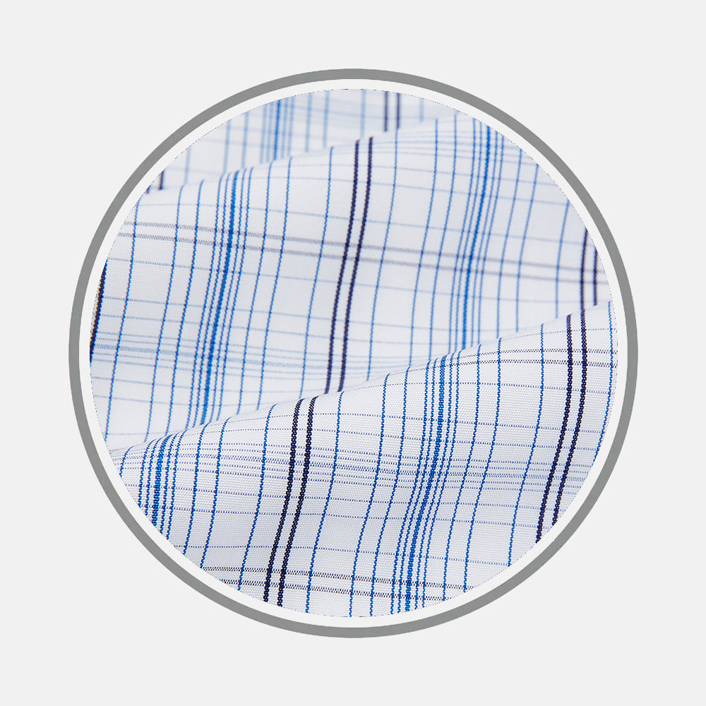 Close-up of Turnbull & Asser's BLUE AND NAVY MULTI CHECK FABRIC, featuring a white base with a grid of thin blue and black lines in a checkered pattern, framed by a circular border.