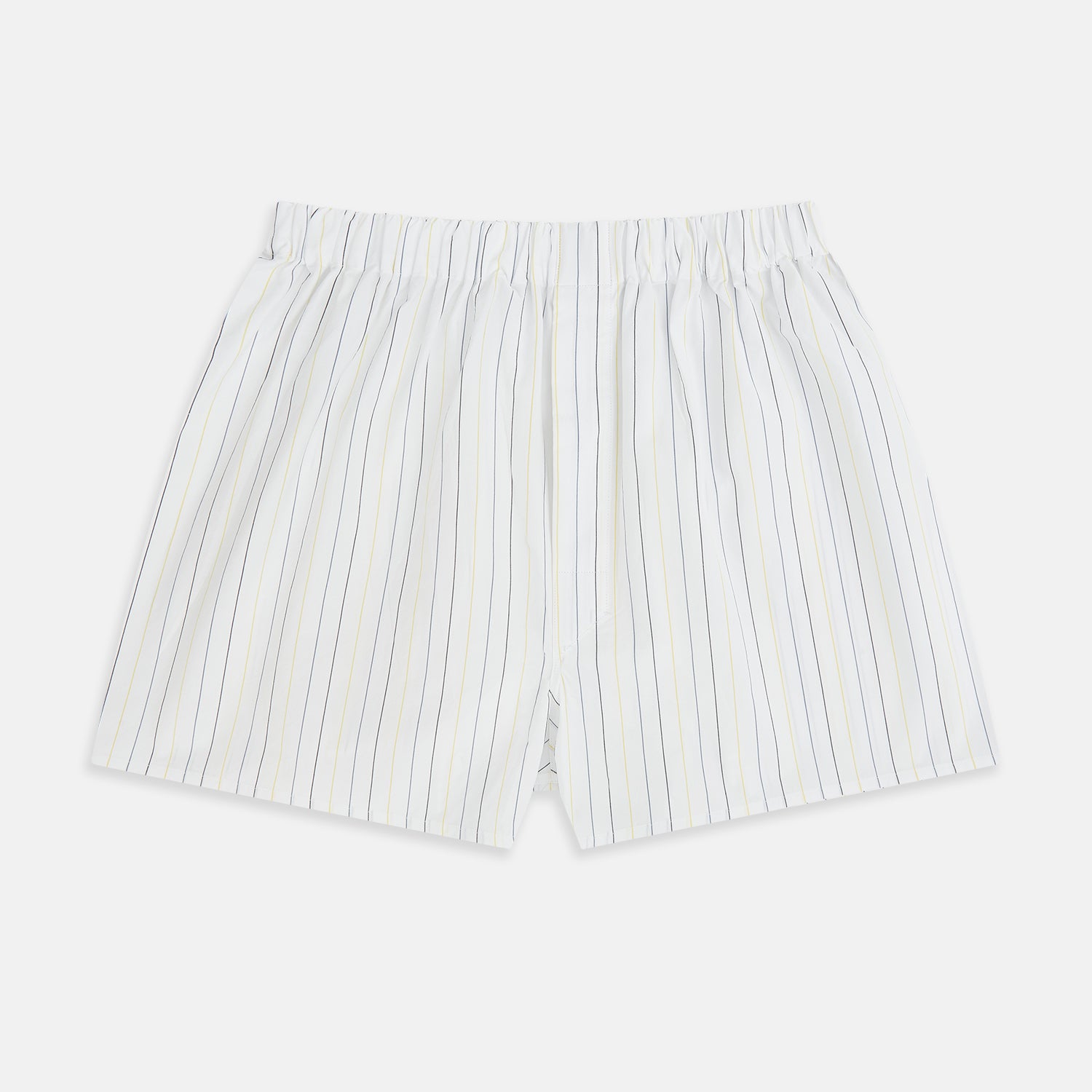 View 1 of product Turnbull & Asser's Yellow and Blue Double Stripe Godfrey Boxer Shorts are luxury men's underwear, made from premium Italian cotton with a loose fit, thin vertical blue and yellow stripes, and an elastic waistband on a white background.