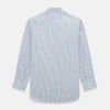 View 3 of product The Turnbull & Asser Blue Shadow Stripe Mayfair Shirt is a long-sleeve button-up with a T&A collar and thin blue vertical stripes on white, shown on a plain white background.