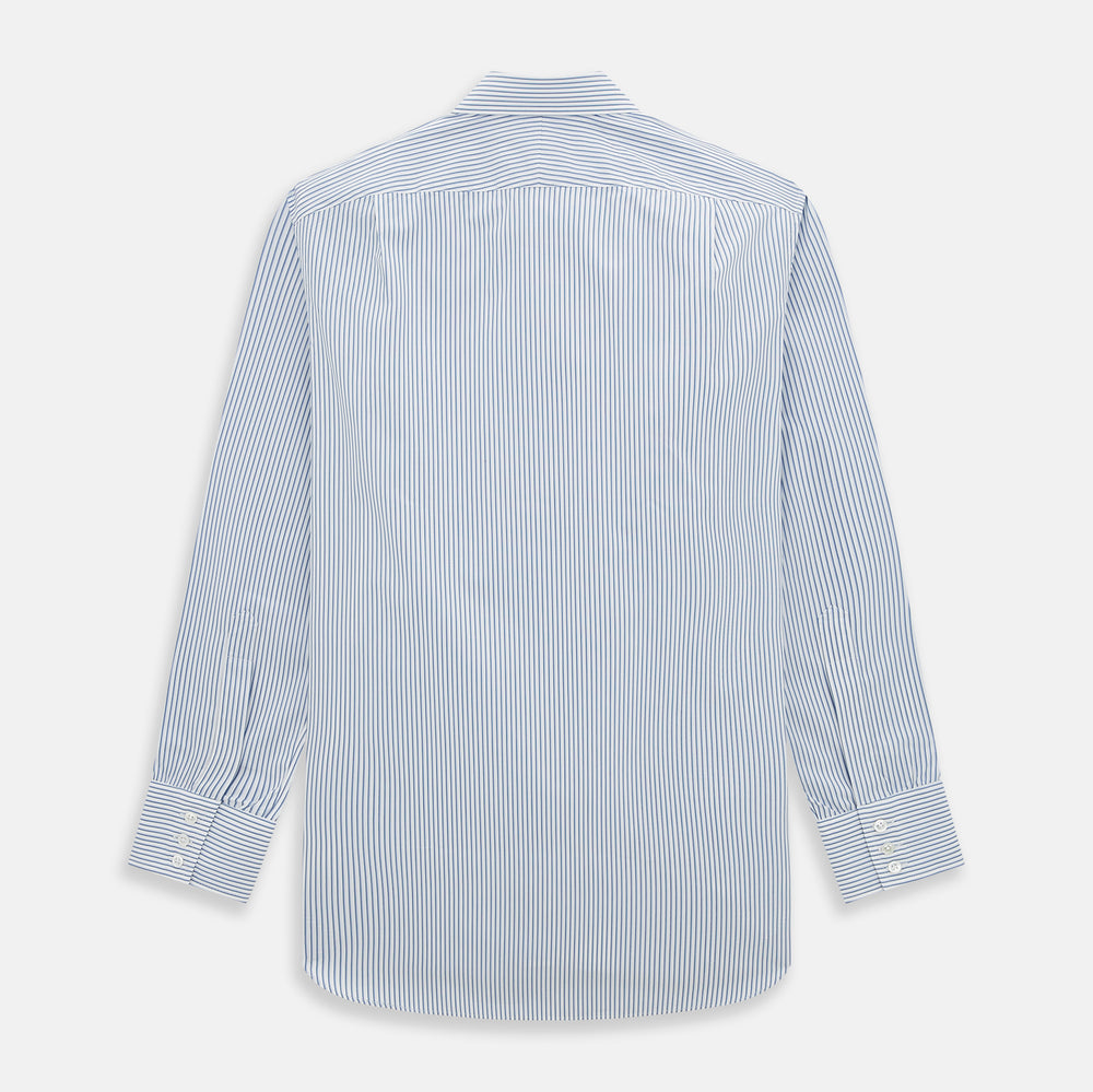 The Turnbull & Asser Blue Shadow Stripe Mayfair Shirt is a long-sleeve button-up with a T&A collar and thin blue vertical stripes on white, shown on a plain white background.