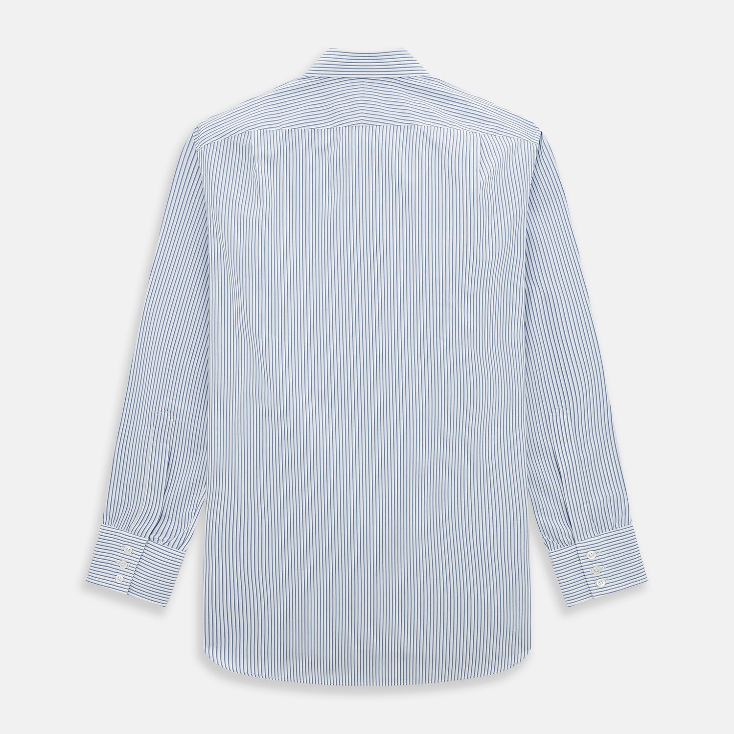 View 3 of product The Turnbull & Asser Blue Shadow Stripe Mayfair Shirt is a long-sleeve button-up with a T&A collar and thin blue vertical stripes on white, shown on a plain white background.