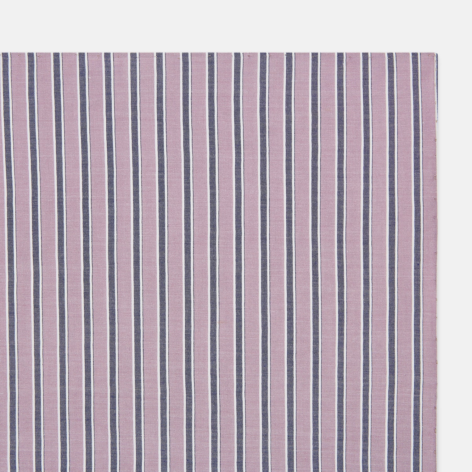 View 2 of product The Antique Pink Ticking Stripe Hand-Rolled Handkerchief by Turnbull & Asser features vertical stripes in antique pink, white, and navy blue, shown flat against a white background.