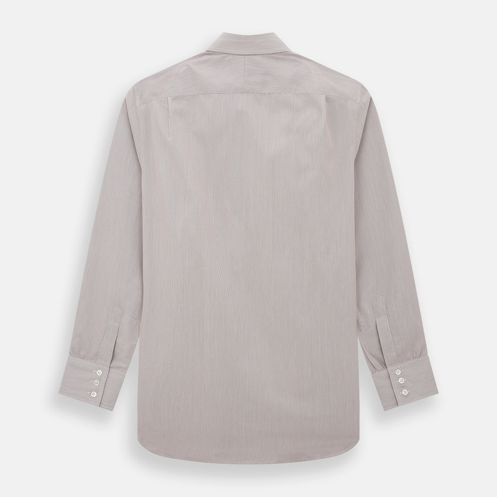 The Turnbull & Asser Burgundy Hairline Stripe Mayfair Shirt features long sleeves, a pointed collar, white buttons, and a classic Mayfair fit—perfect for formal occasions—presented against a plain white background.