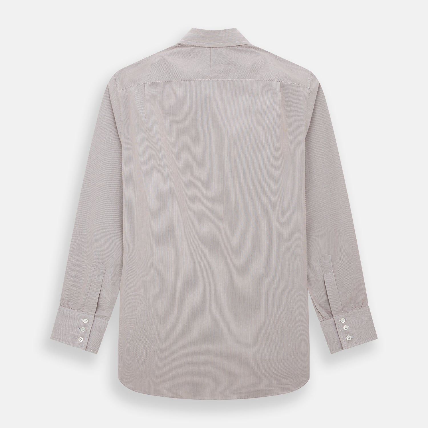 View 3 of product The Turnbull & Asser Burgundy Hairline Stripe Mayfair Shirt features long sleeves, a pointed collar, white buttons, and a classic Mayfair fit—perfect for formal occasions—presented against a plain white background.