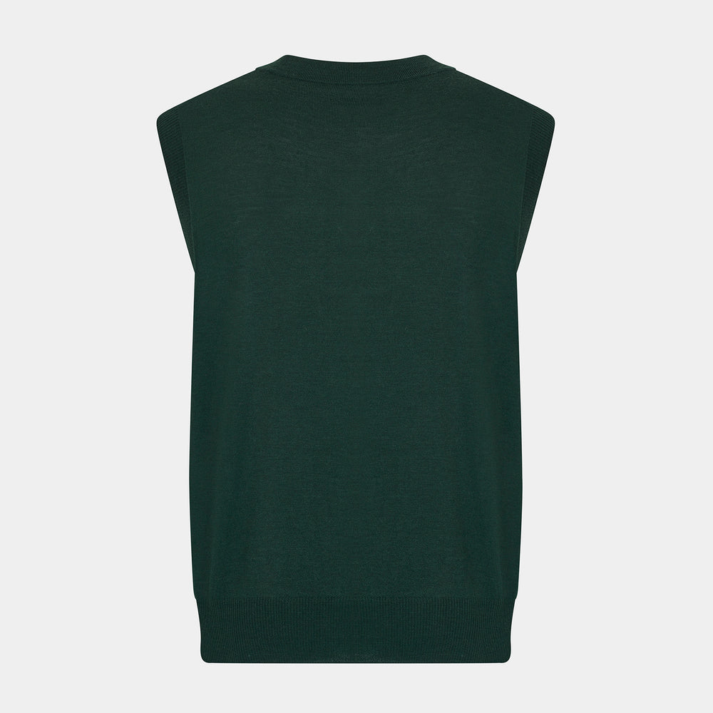 The Turnbull & Asser Forest Green Fine Merino V-Neck Sleeveless Cardigan features front buttons and two small pockets, shown against a white background.
