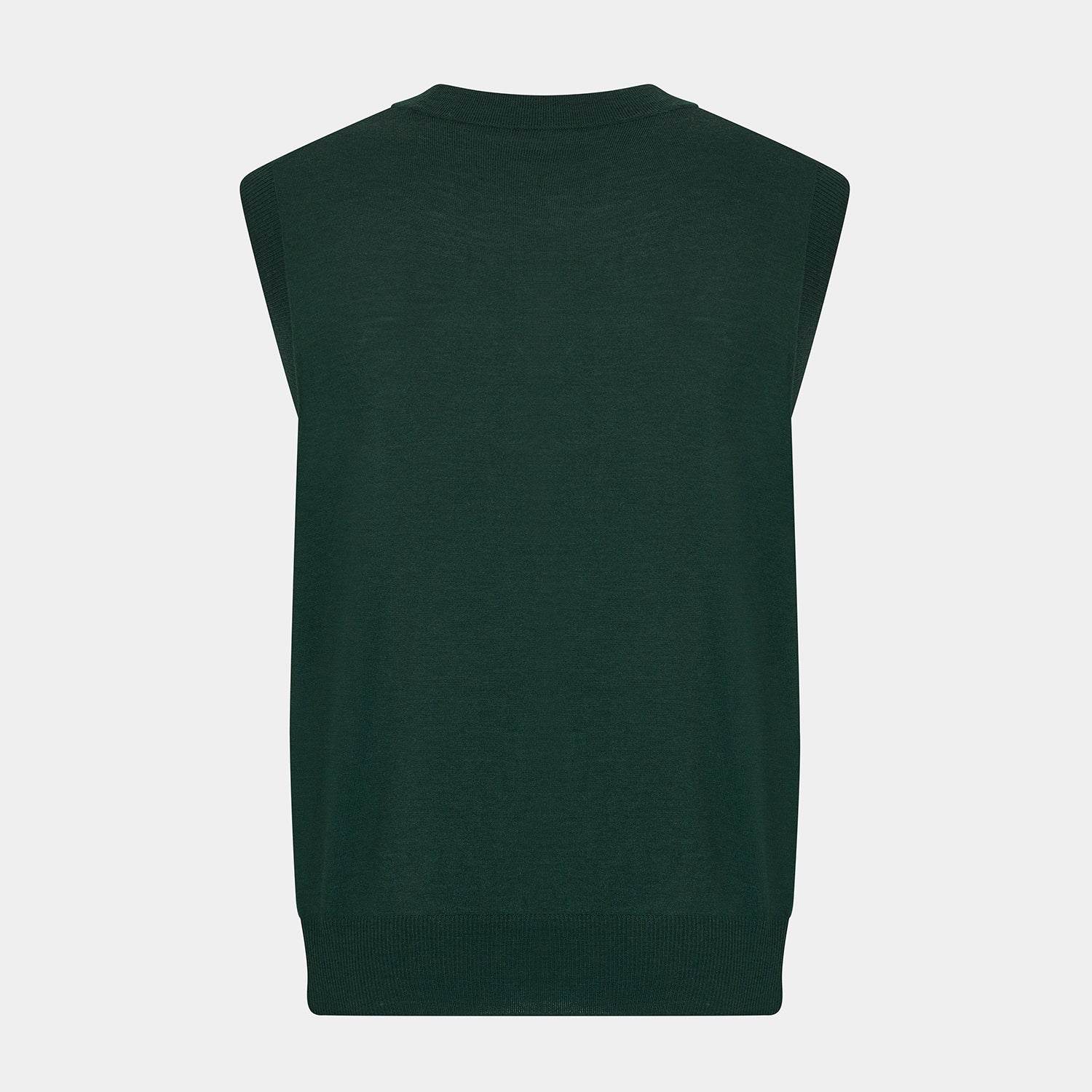 View 3 of product The Turnbull & Asser Forest Green Fine Merino V-Neck Sleeveless Cardigan features front buttons and two small pockets, shown against a white background.