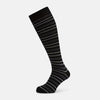 View 1 of product The Turnbull & Asser Chocolate Melange Striped Merino Wool Long Sock features black, dark gray, and light gray horizontal stripes and is displayed individually on a white background.