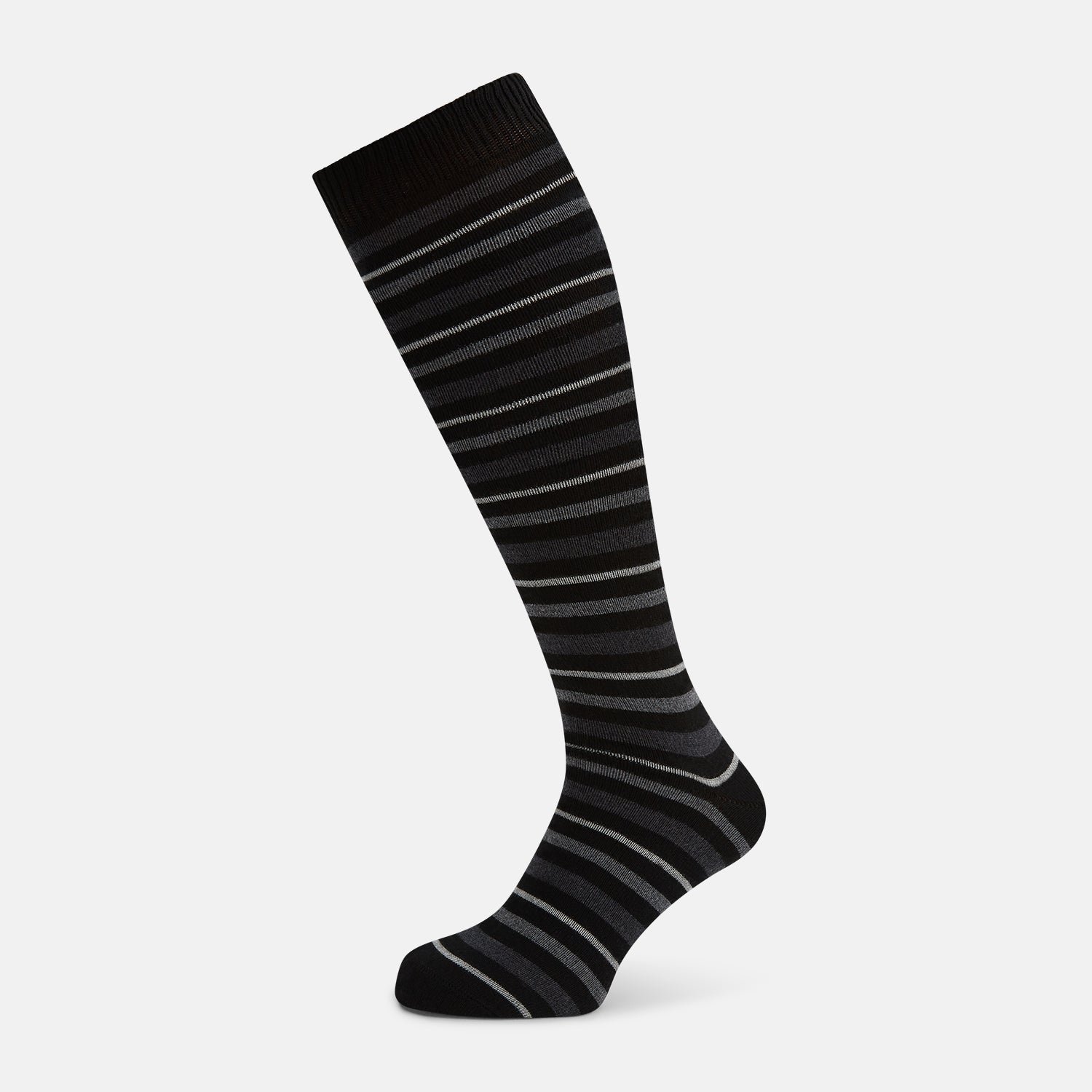 View 1 of product The Turnbull & Asser Chocolate Melange Striped Merino Wool Long Sock features black, dark gray, and light gray horizontal stripes and is displayed individually on a white background.