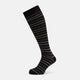 The Turnbull & Asser Chocolate Melange Striped Merino Wool Long Sock features black, dark gray, and light gray horizontal stripes and is displayed individually on a white background.