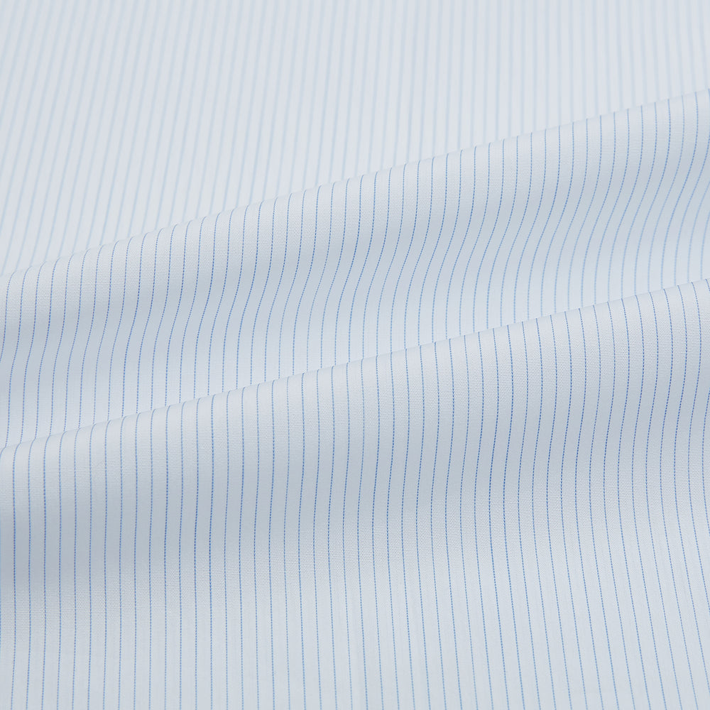 The Turnbull & Asser Blue and White Thin Stripe Shirt features a T&A collar and double cuffs, shown against a plain white background.