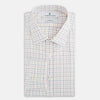 View 5 of product The Rainbow Double Grid Check Mayfair Shirt by Turnbull & Asser features a white base with thin blue, red, and green checks and a T&A collar. It’s displayed neatly laid flat on a white background.
