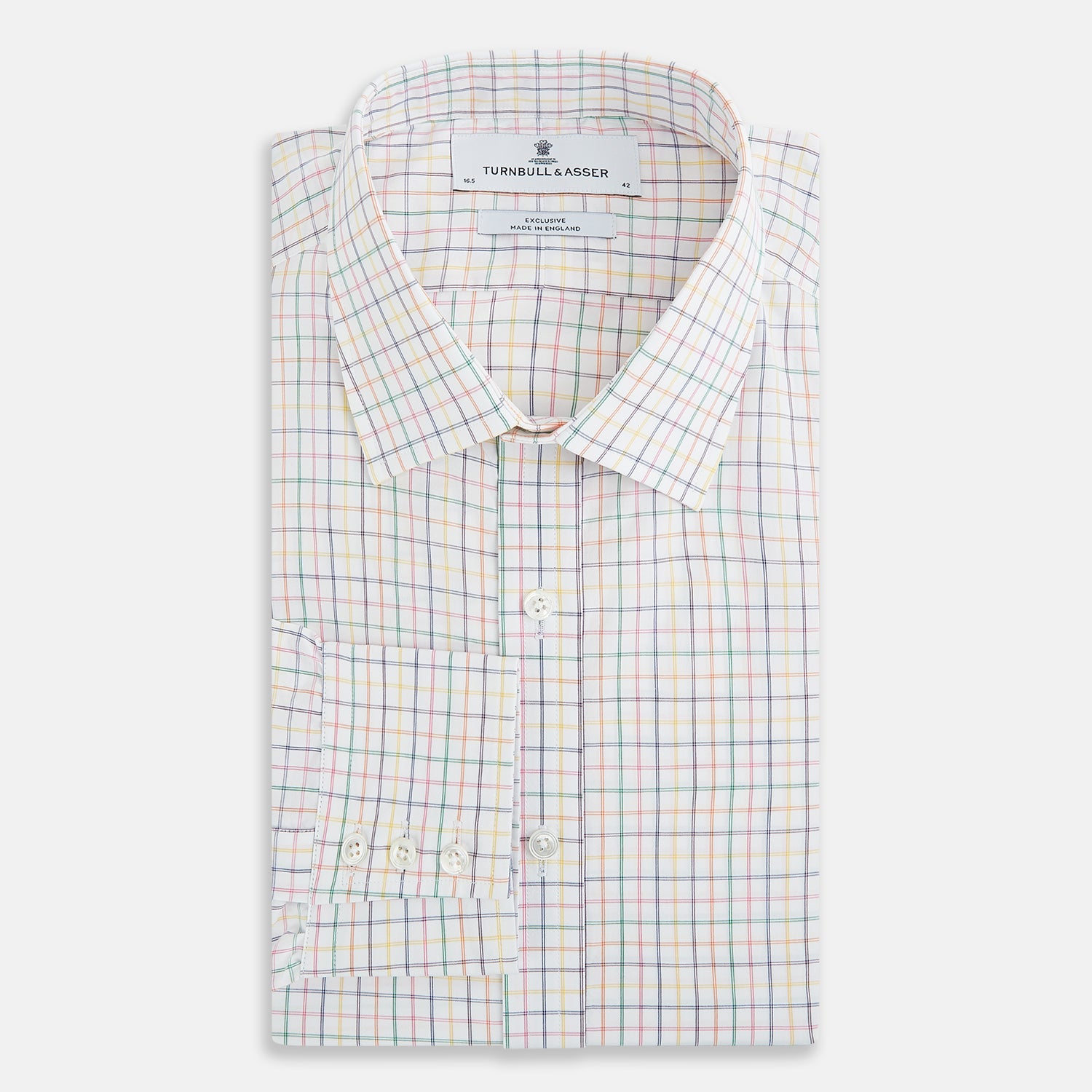 View 5 of product The Rainbow Double Grid Check Mayfair Shirt by Turnbull & Asser features a white base with thin blue, red, and green checks and a T&A collar. It’s displayed neatly laid flat on a white background.