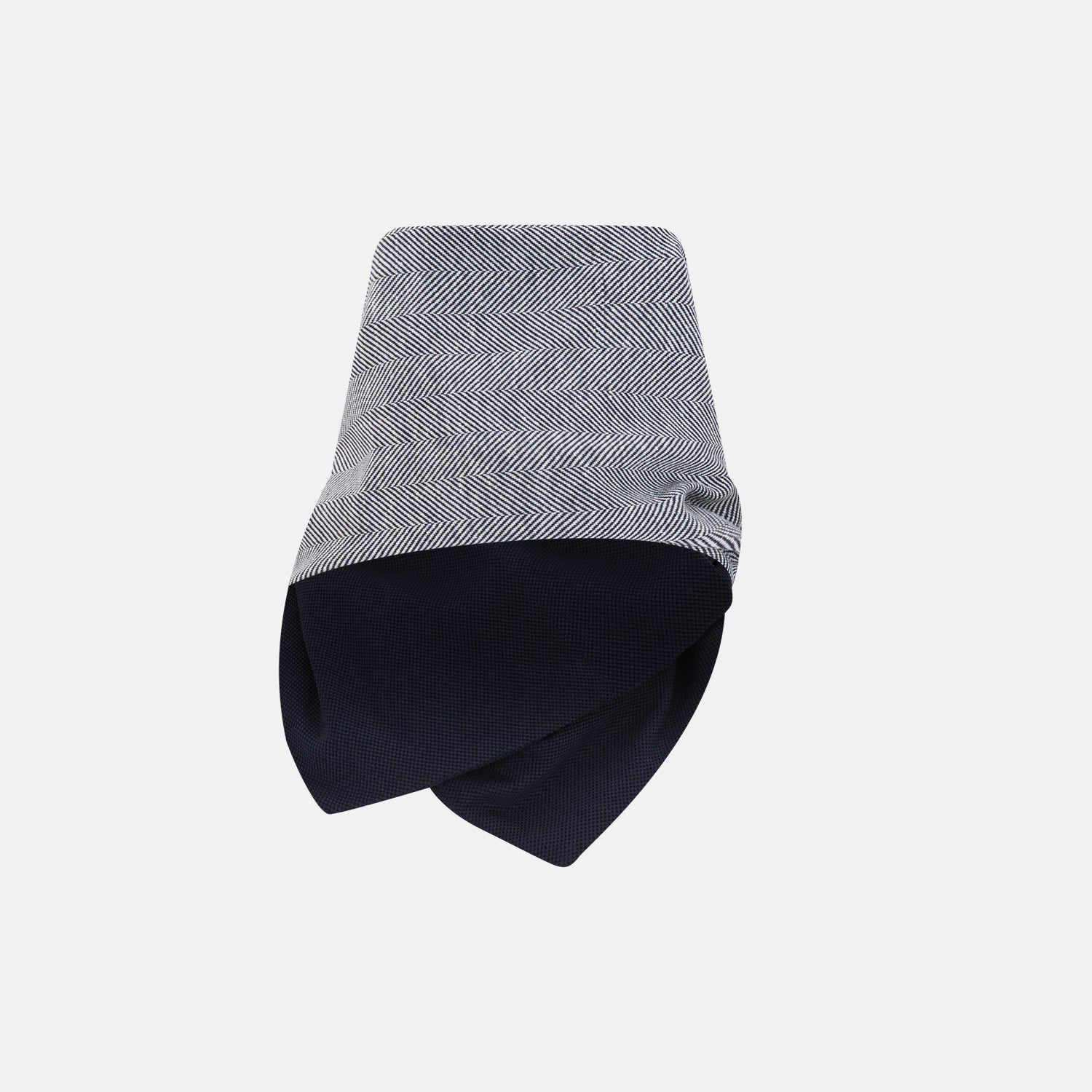 View 2 of product The Turnbull & Asser Navy Herringbone Silk and Linen Neck Warmer features a grey and white pattern, button closure, and dark navy lining—a refined formal accessory for any wardrobe.