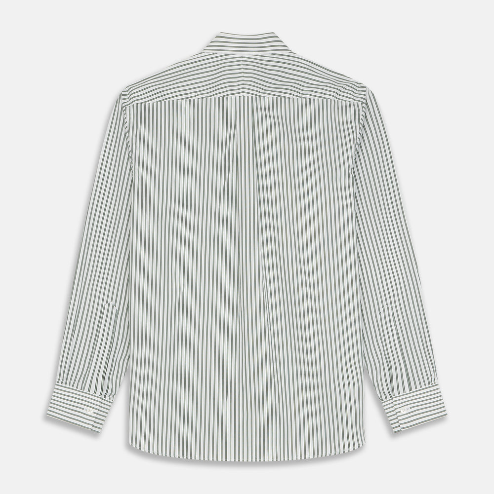 The Turnbull & Asser Green Stripe Weekend Fit Shirt features a derby collar, 1-button cuffs, and relaxed fit, perfect for smart-casual style, shown laid flat on a white background.