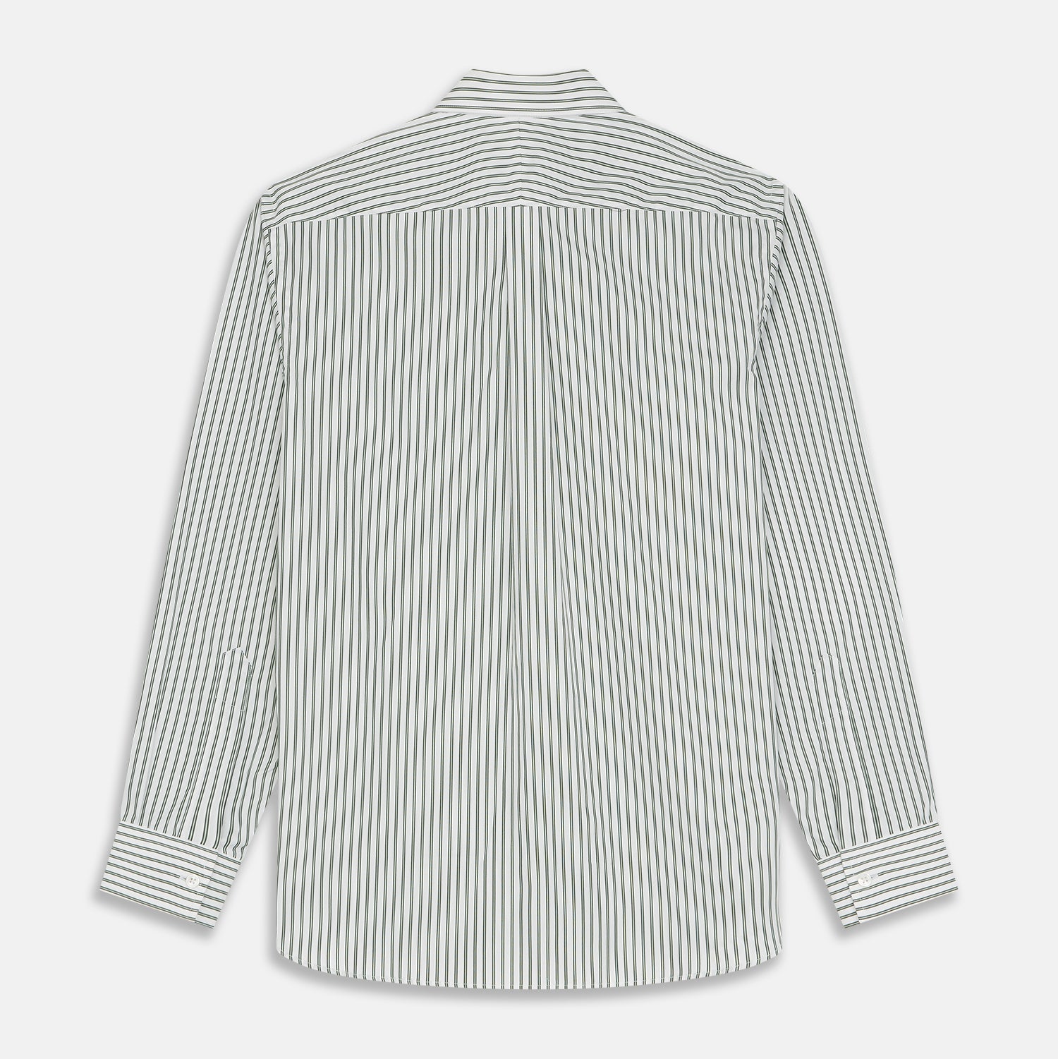 View 6 of product The Turnbull & Asser Green Stripe Weekend Fit Shirt features a derby collar, 1-button cuffs, and relaxed fit, perfect for smart-casual style, shown laid flat on a white background.