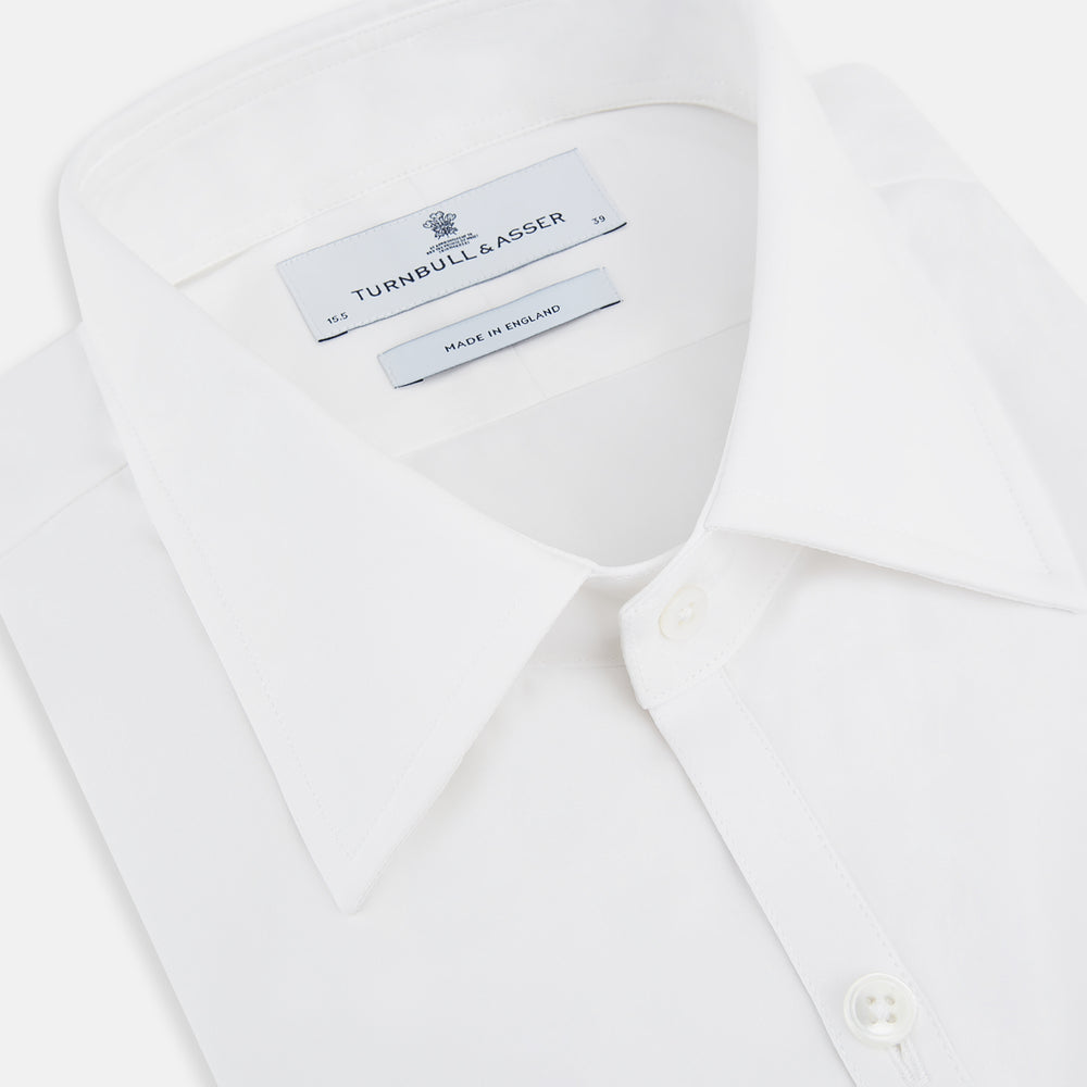 The Turnbull & Asser White Westminster Shirt is a long-sleeve, button-up dress shirt with a classic cut and Westminster collar, shown on a white background.