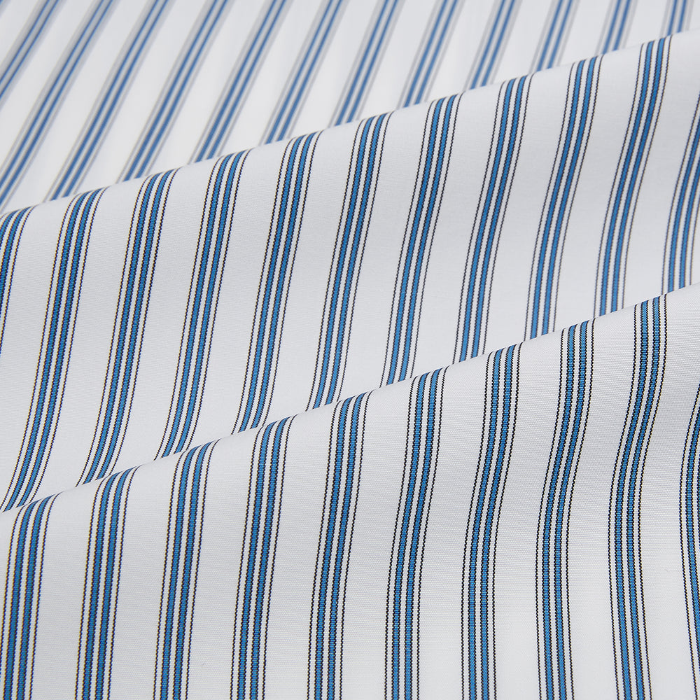 The Turnbull & Asser Blue Multi Wide Track Stripe Mayfair Shirt is a long-sleeve, button-up shirt with a classic collar and vertical blue and white stripes, shown on a white background.