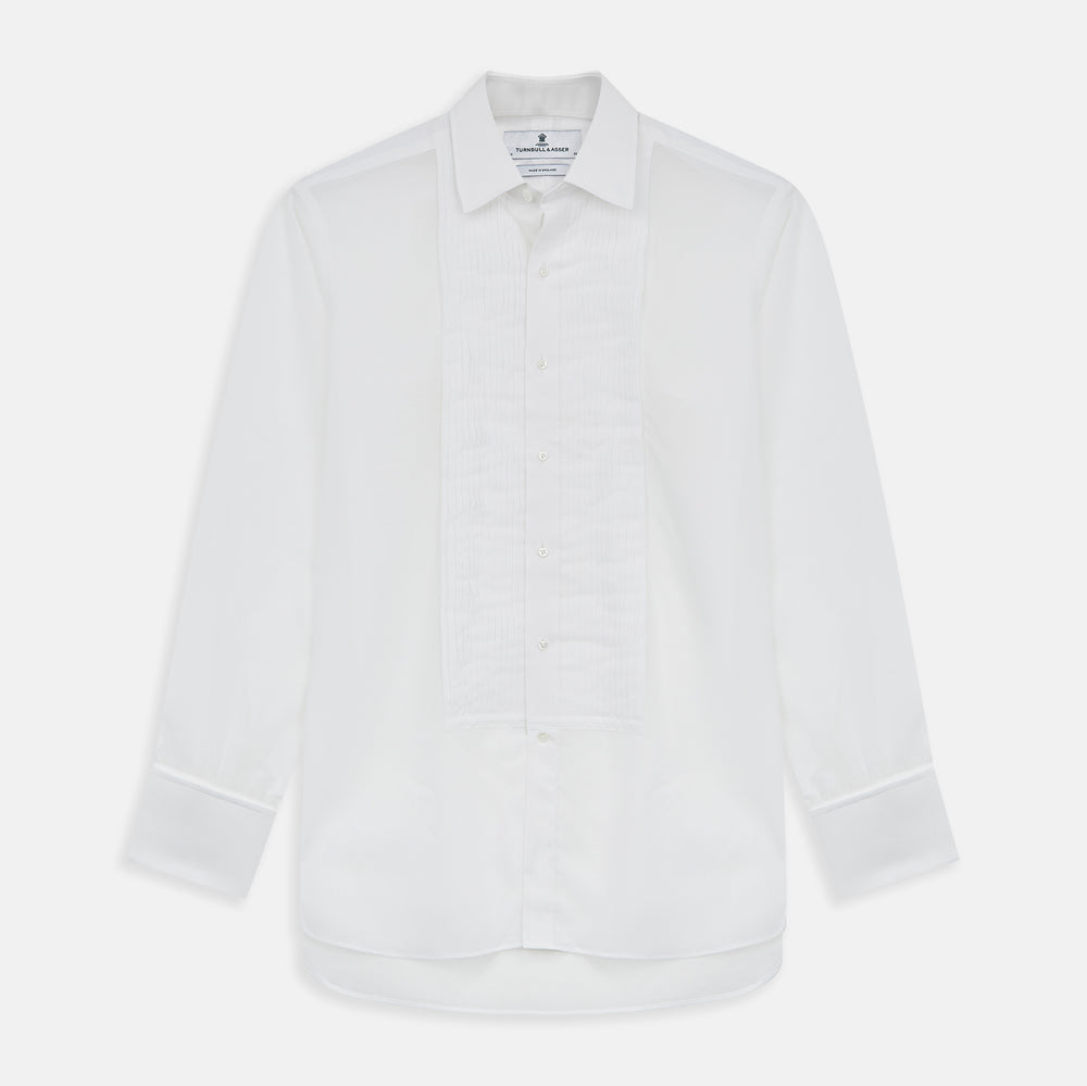 The Die Another Day Inspired Voile Dress Shirt by Turnbull & Asser features a white pleated front, button-down closure, and classic collar—laid flat on white to showcase its timeless James Bond style.
