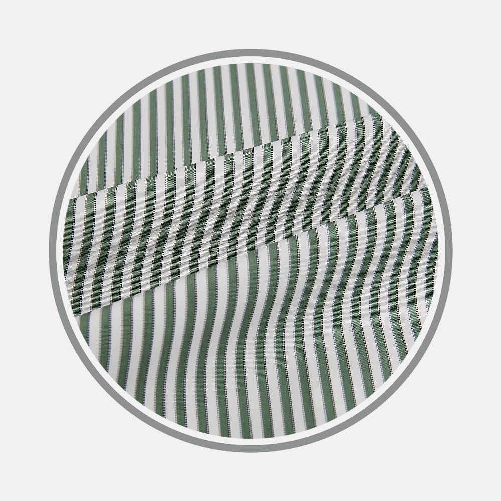 Close-up of Melon Green Halo Stripe Fabric by Turnbull & Asser, displaying evenly spaced vertical green and white stripes within a circular frame on a light background.