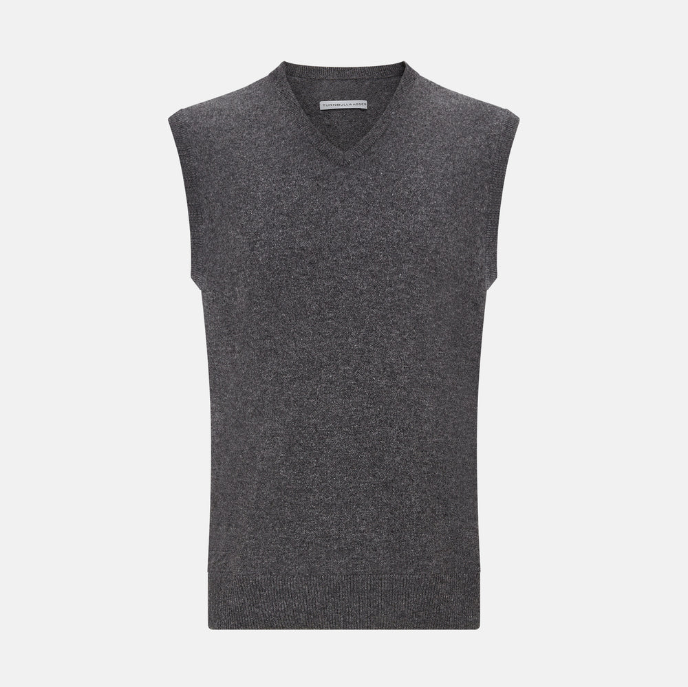 The Turnbull & Asser Charcoal Grey Melange V-neck Cashmere Vest is showcased against a plain white background.