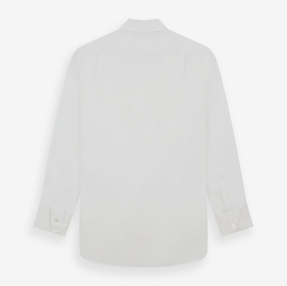 The Turnbull & Asser White Poplin Shirt With Regent Collar and 2-Button Cocktail Cuffs, featuring long sleeves, is buttoned up and laid flat on a white background.