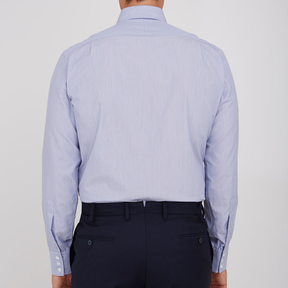 The Turnbull & Asser Blue Hairline Stripe Shirt features a T&A collar, 3-button cuffs, and subtle stripes, displayed neatly folded against a plain white background.