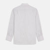 View 5 of product The Turnbull & Asser Sandstone Multi Stripe Cotton Tailored Fit Shelton Shirt features subtle vertical stripes, a pointed collar, and long sleeves, shown flat on a plain white background.