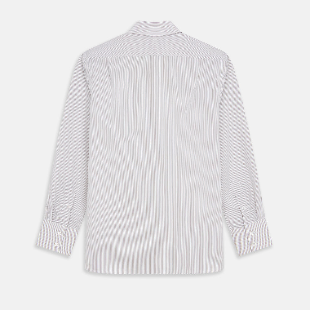The Turnbull & Asser Sandstone Multi Stripe Cotton Tailored Fit Shelton Shirt features subtle vertical stripes, a pointed collar, and long sleeves, shown flat on a plain white background.