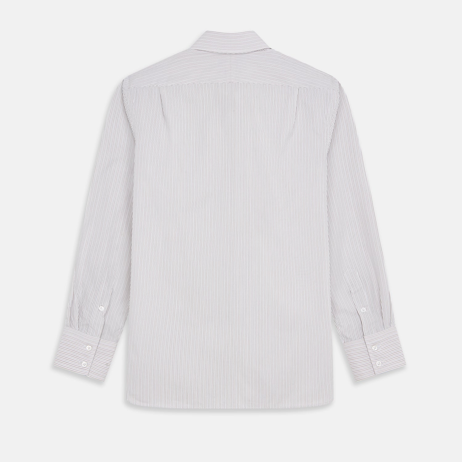 View 5 of product The Turnbull & Asser Sandstone Multi Stripe Cotton Tailored Fit Shelton Shirt features subtle vertical stripes, a pointed collar, and long sleeves, shown flat on a plain white background.