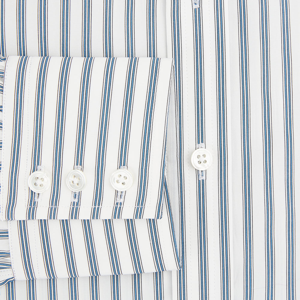 The Turnbull & Asser Blue Multi Wide Track Stripe Mayfair Shirt is a long-sleeve, button-up shirt with a classic collar and vertical blue and white stripes, shown on a white background.