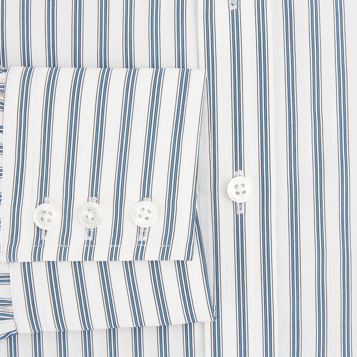 View 4 of product The Turnbull & Asser Blue Multi Wide Track Stripe Mayfair Shirt is a long-sleeve, button-up shirt with a classic collar and vertical blue and white stripes, shown on a white background.