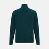 View 3 of product The Turnbull & Asser Hunter Green Half-Zip Cashmere Jumper is a classic knitwear pullover with long sleeves, a high mock neck, half-zip closure, and ribbed cuffs and hem, shown against a plain white background.